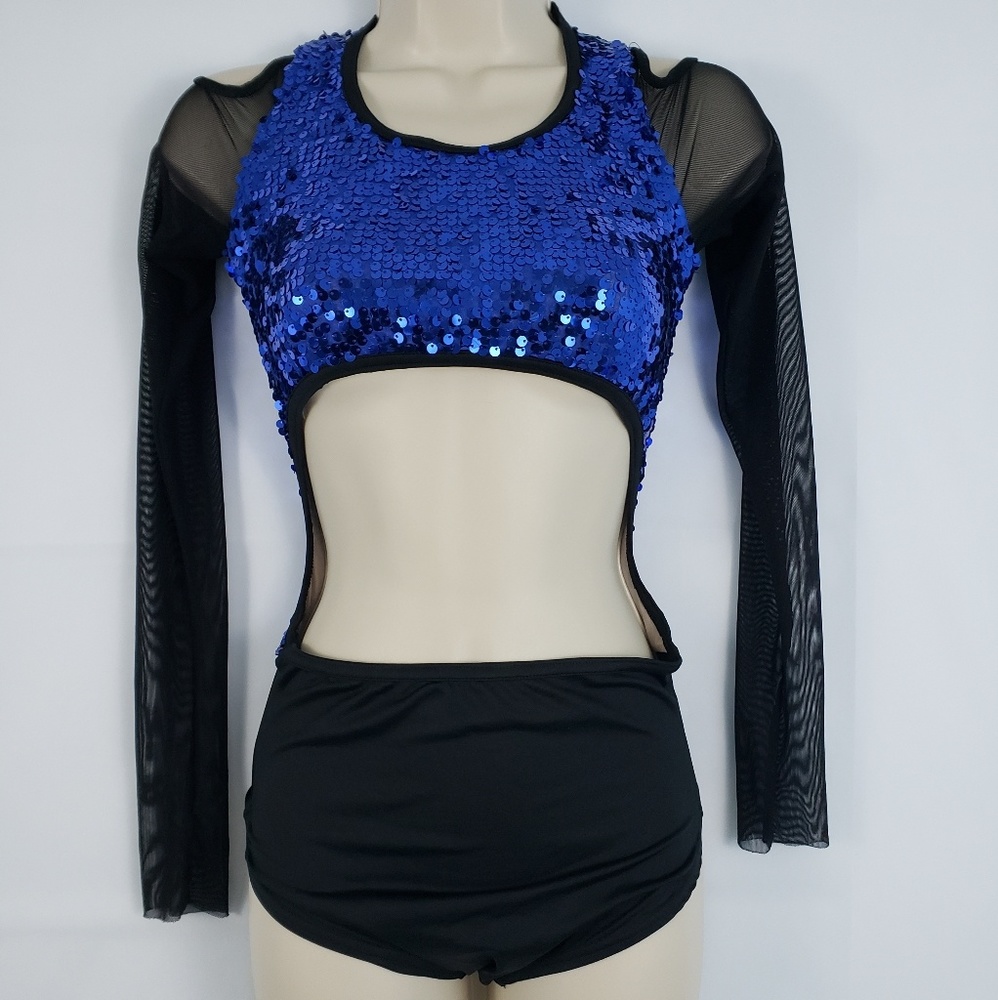 Weissman Cold shoulder Blue Sequin dance costume L